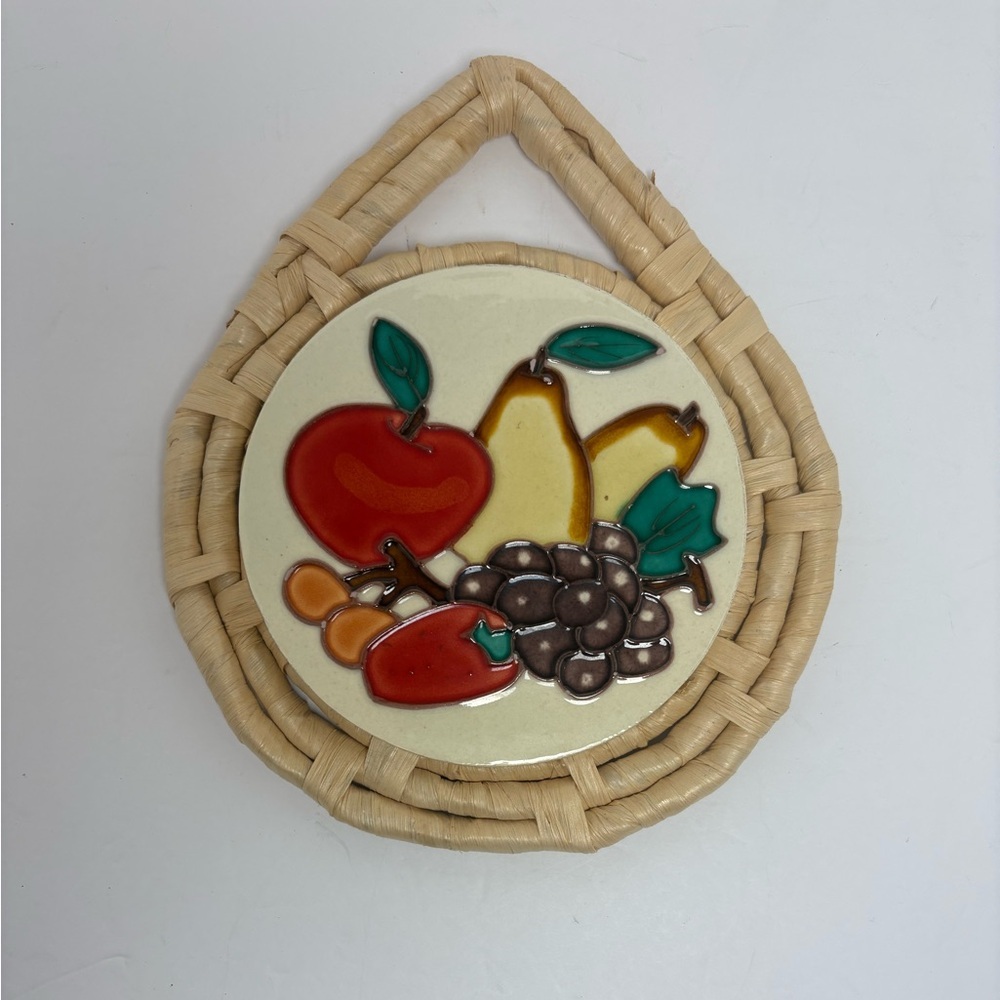 Vintage Fruit Themed Ceramic Tile Trivet Wall Decor on Rattan